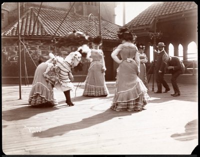 Five actresses in costume rehearsing on the roof of what is probably the New York Theatre, New York by Byron Company